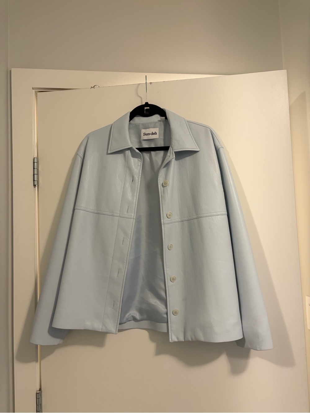 Light Blue Faux Leather Button-Front Jacket